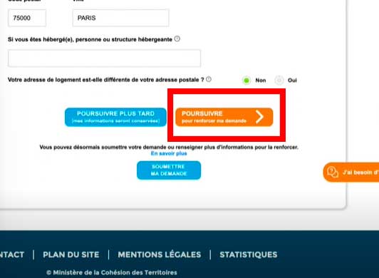 Vous pouvez accéder à la rubrique suivante du formulaire en cliquant sur Poursuivre demande logement social