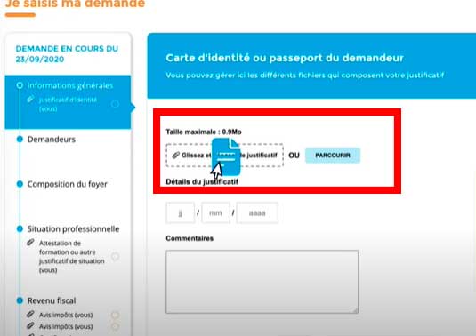 Puedes adjuntar el documento haciendo clic en Examinar o arrastrándolo al cuadro de documentos de solicitud de vivienda social.